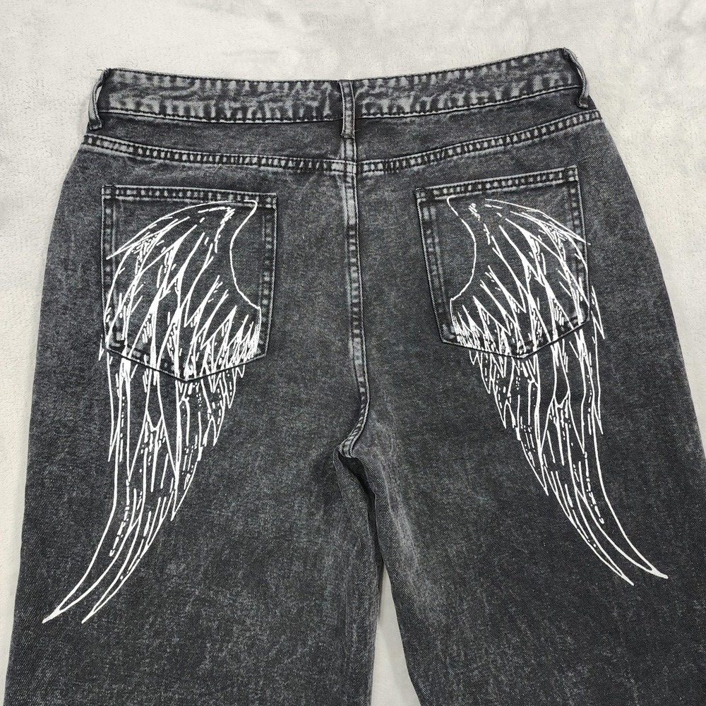 Carbon Jeans Womens 11 Juniors Black Acid Wash High Rise Wide Leg Angel Wings